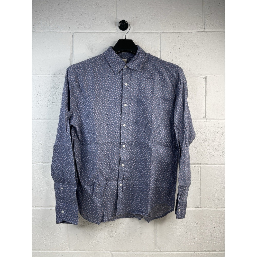 J Crew‎ Shirt Mens Large Blue Linen Floral Albini Button Down Long Sleeve Shirt